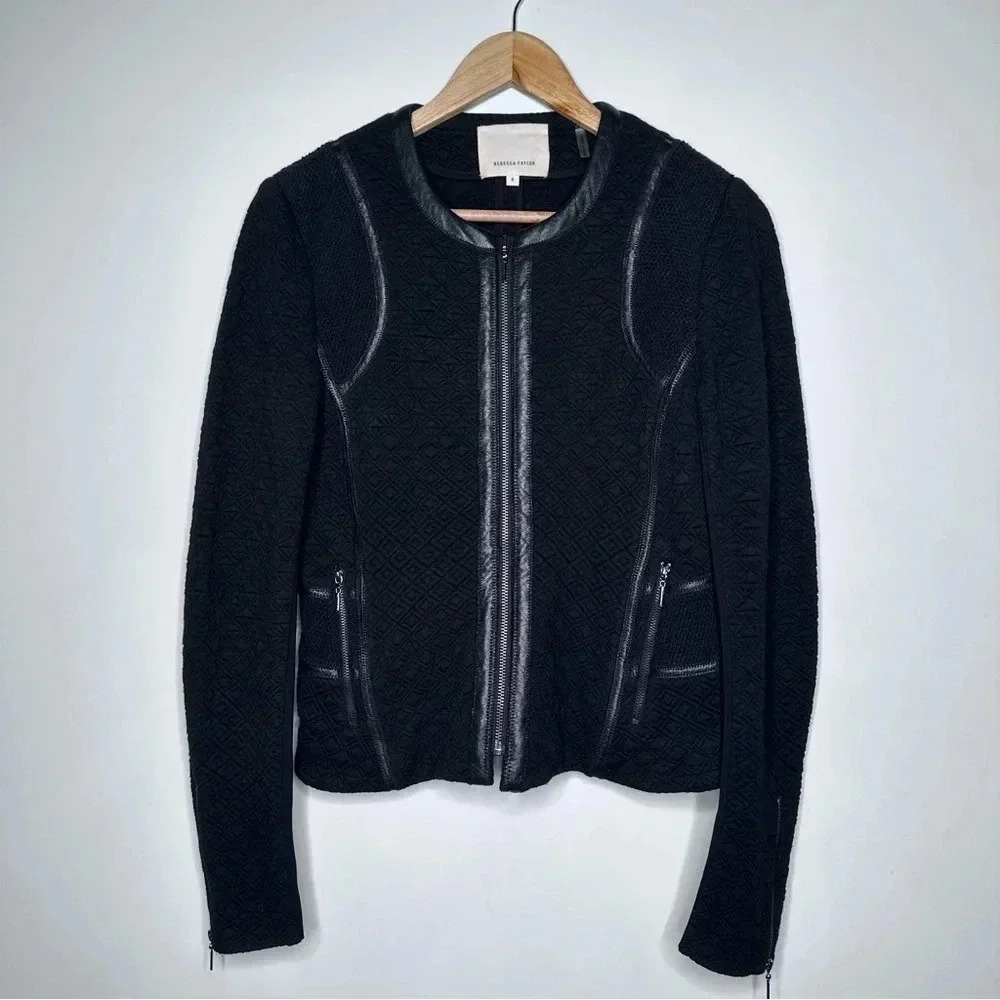 Rebecca Taylor Black Quilted Faux Leather Trim Zip Up Moto Jacket Size 8
